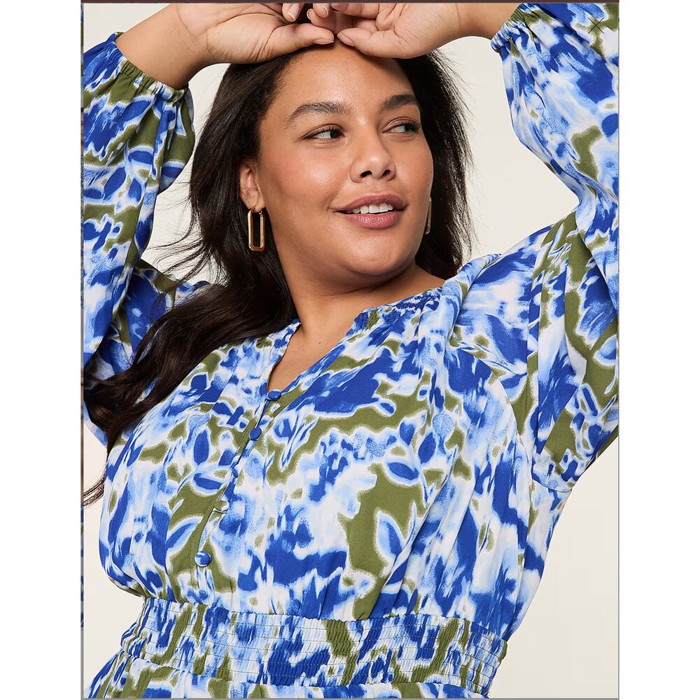 LANE BRYANT NWT Smocked Neck Waist Blue Green Midi Dress // 24 - Picture 3 of 15